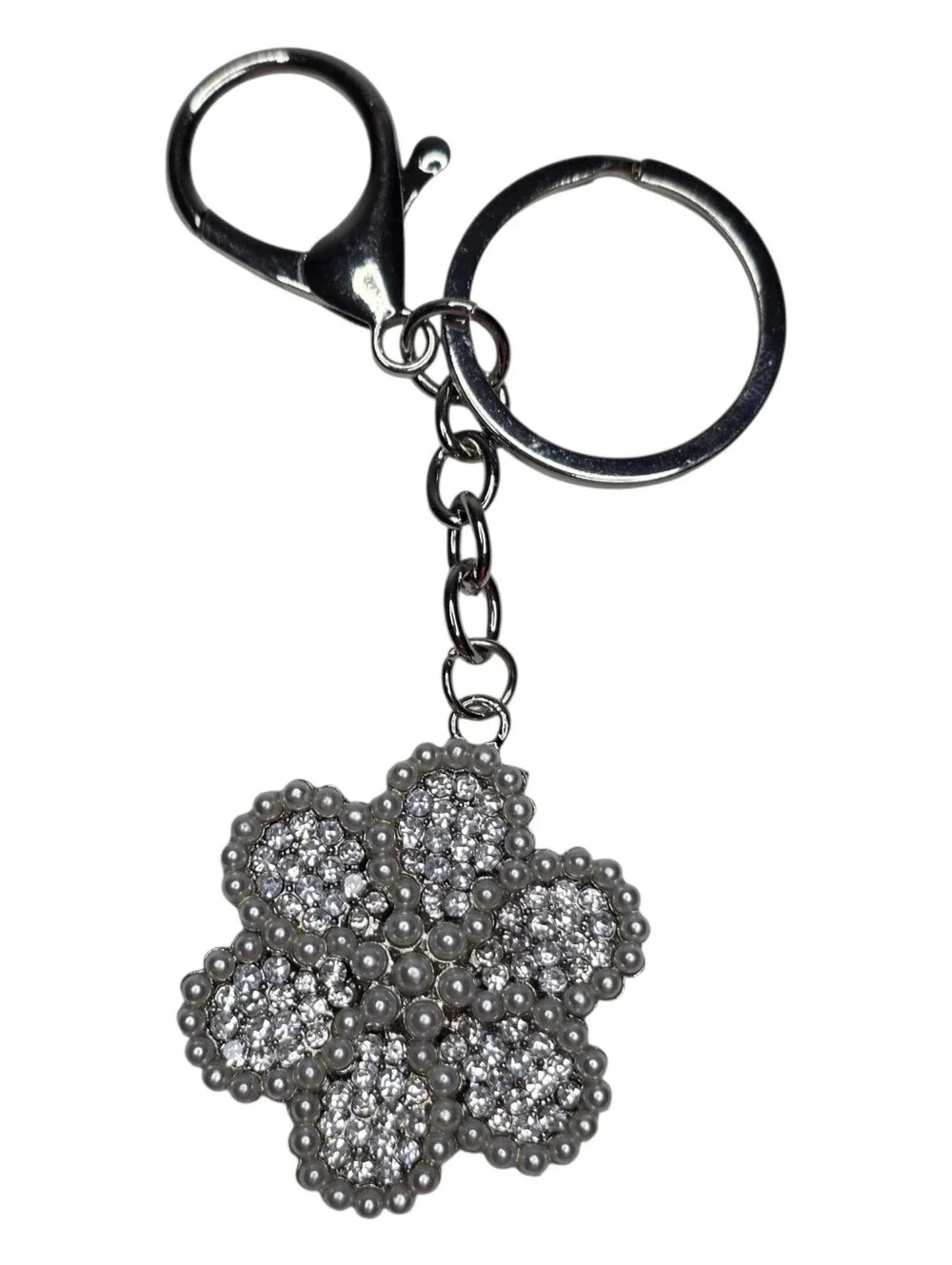 Keychain Bag Charm Silver Mini Faux Pearls Rhinestone Flower Handbag Accessories